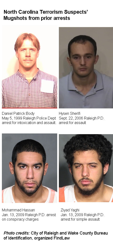 North Carolina Terrorism Suspects Mugshots and booking photos from prior arrests - Daniel Patrick Boyd, Hysen Sherifi, Mohammad Hassan, and Ziyad Yaghi