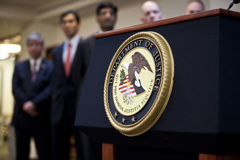 NEW YORK, NY - DECEMBER 11: A US Department of Justice seal is displayed on a podium during a news conference to announce money laundering charges against HSBC on December 11, 2012 in the Brooklyn borough of New York City. HSBC Holdings plc and HSBC USA NA have agreed to pay $1.92 billion and enter into a deferred prosecution agreement with the U.S. Department of Justice in regards to charges involving money laundering with Mexican drug cartels. (Photo by Ramin Talaie/Getty Images)