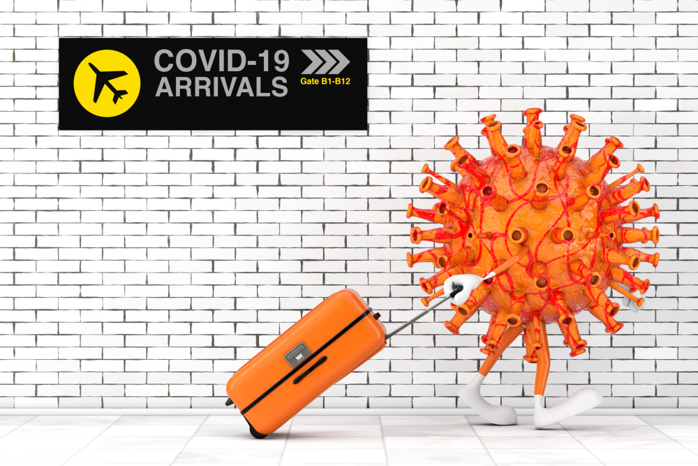 Cartoon Coronavirus COVID-19 Mascot Person Character Arrival to Airport with Brick Wall extreme closeup. 3d Rendering