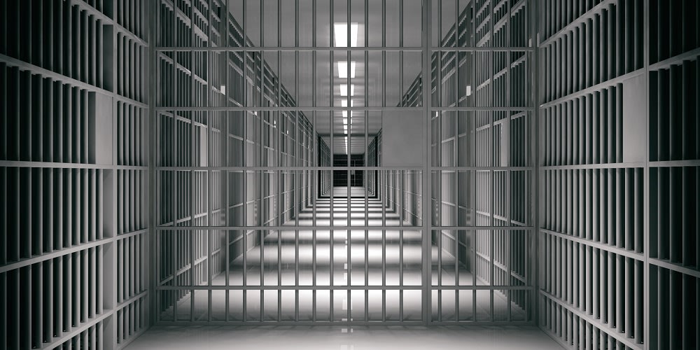 Prison interior. Jail cells and shadows, dark background. 3d illustration