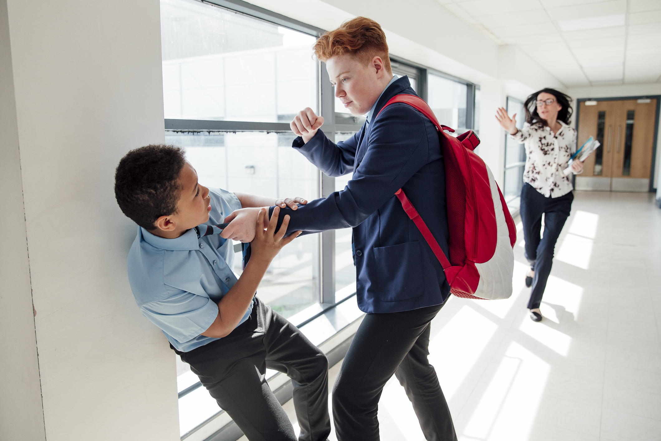 A larger male student is shown with his fist cocked about to punch a smaller student